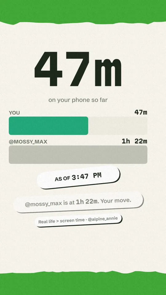 Live flex reel: 47m on your phone so far against a friend at 1h 22m